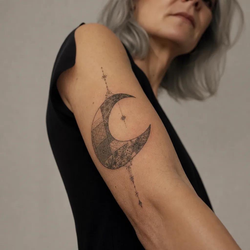 idée tatouage lune patchwork lunaire vintage, photo réaliste sur peau