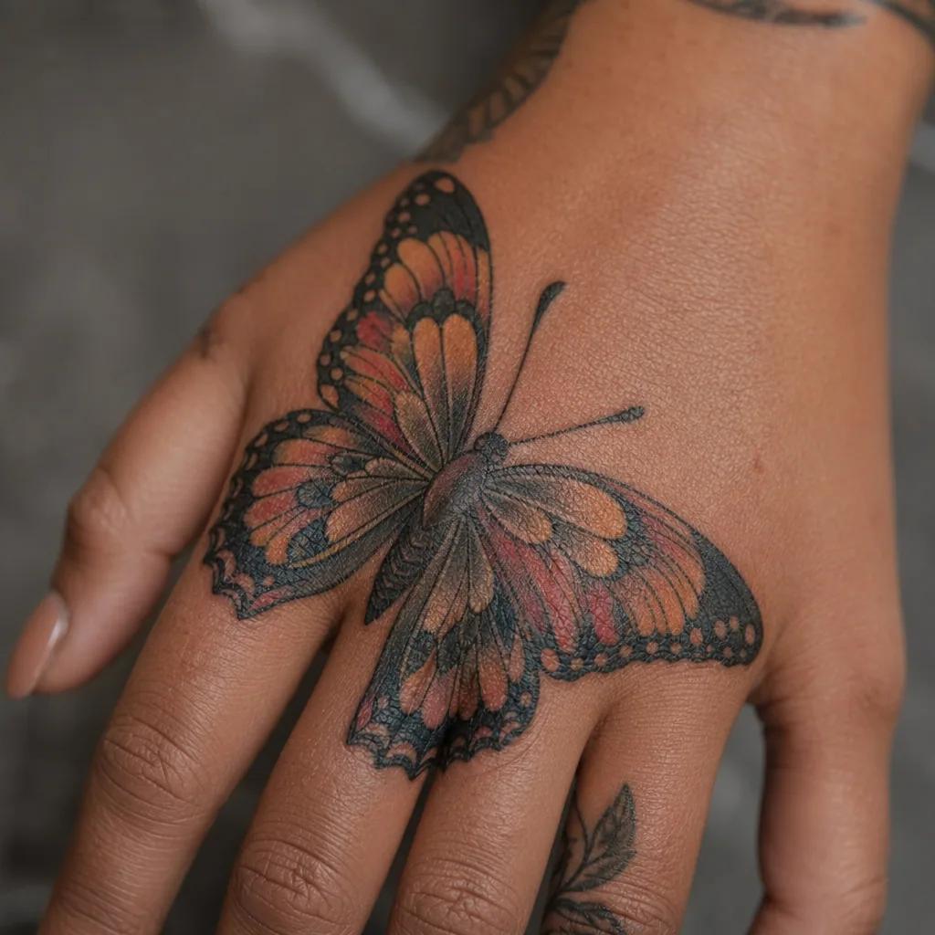 idée tatouage main main néo-traditionnelle papillon, photo réaliste sur peau