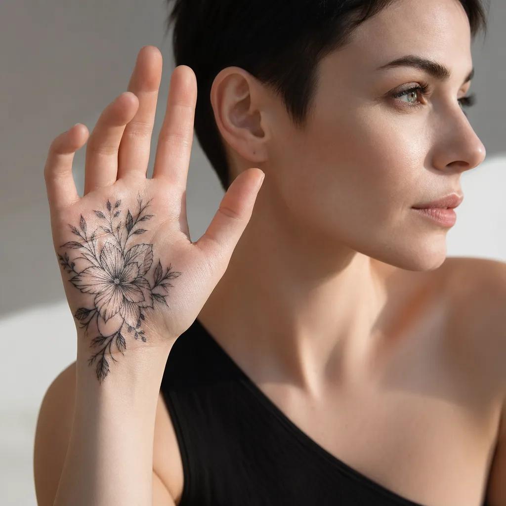 idée tatouage main main floral, photo réaliste sur peau