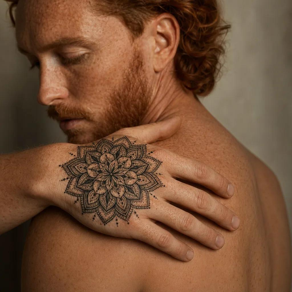 idée tatouage main main mandala ornemental, photo réaliste sur peau