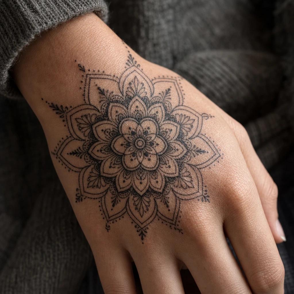 idée tatouage main femme mandala dos de la main, photo réaliste sur peau