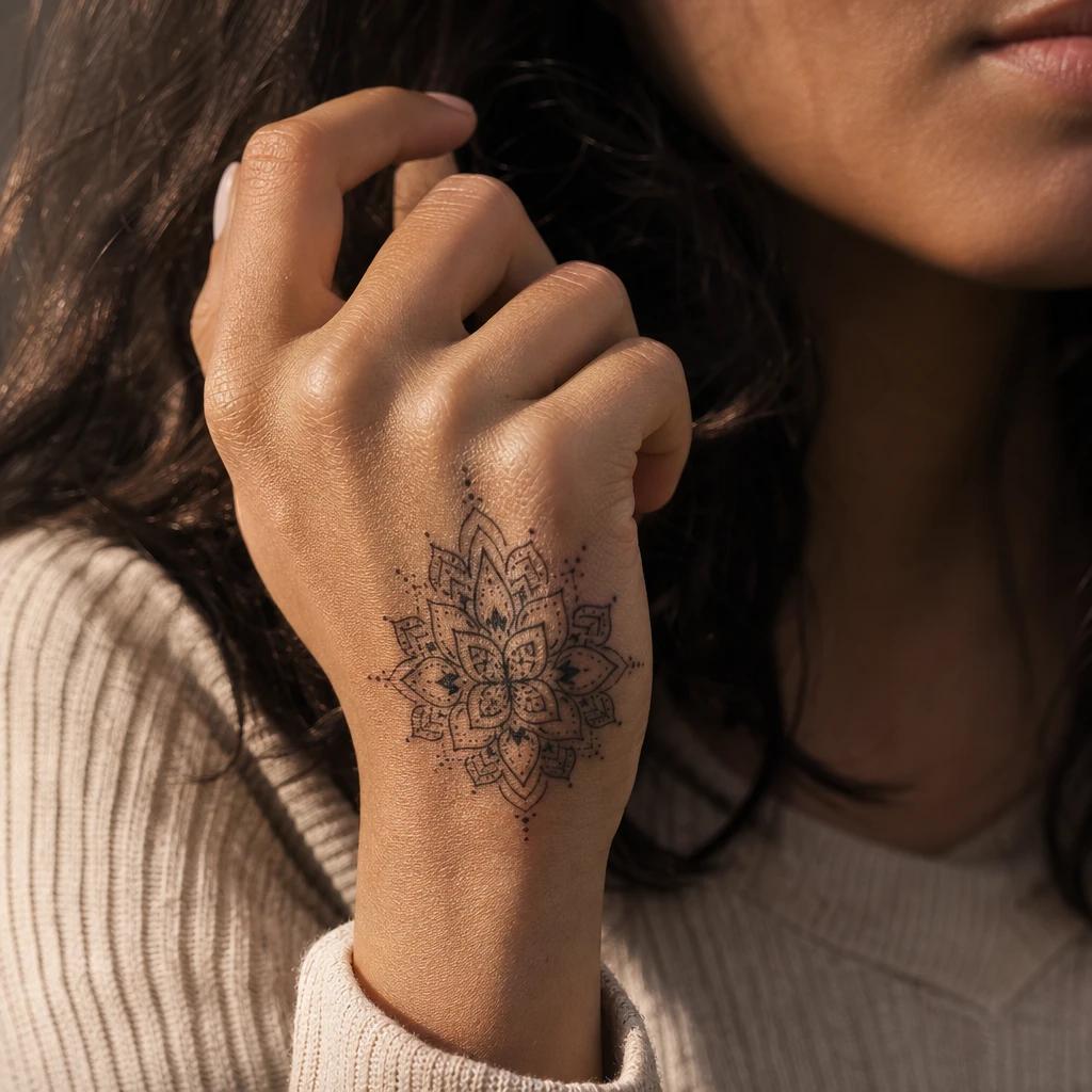 idée tatouage main femme mandala dos de la main, photo réaliste sur peau