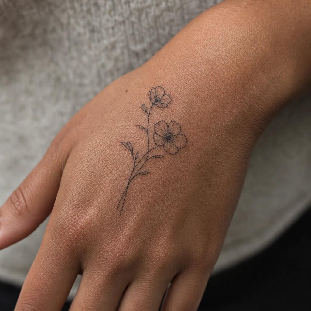 idée tatouage main femme fleurs fine line, photo réaliste sur peau
