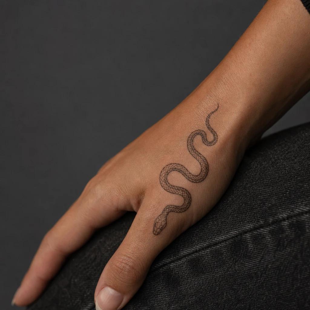 idée tatouage main femme serpent graphique, photo réaliste sur peau