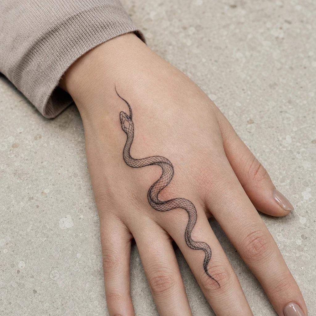 idée tatouage main femme serpent graphique, photo réaliste sur peau