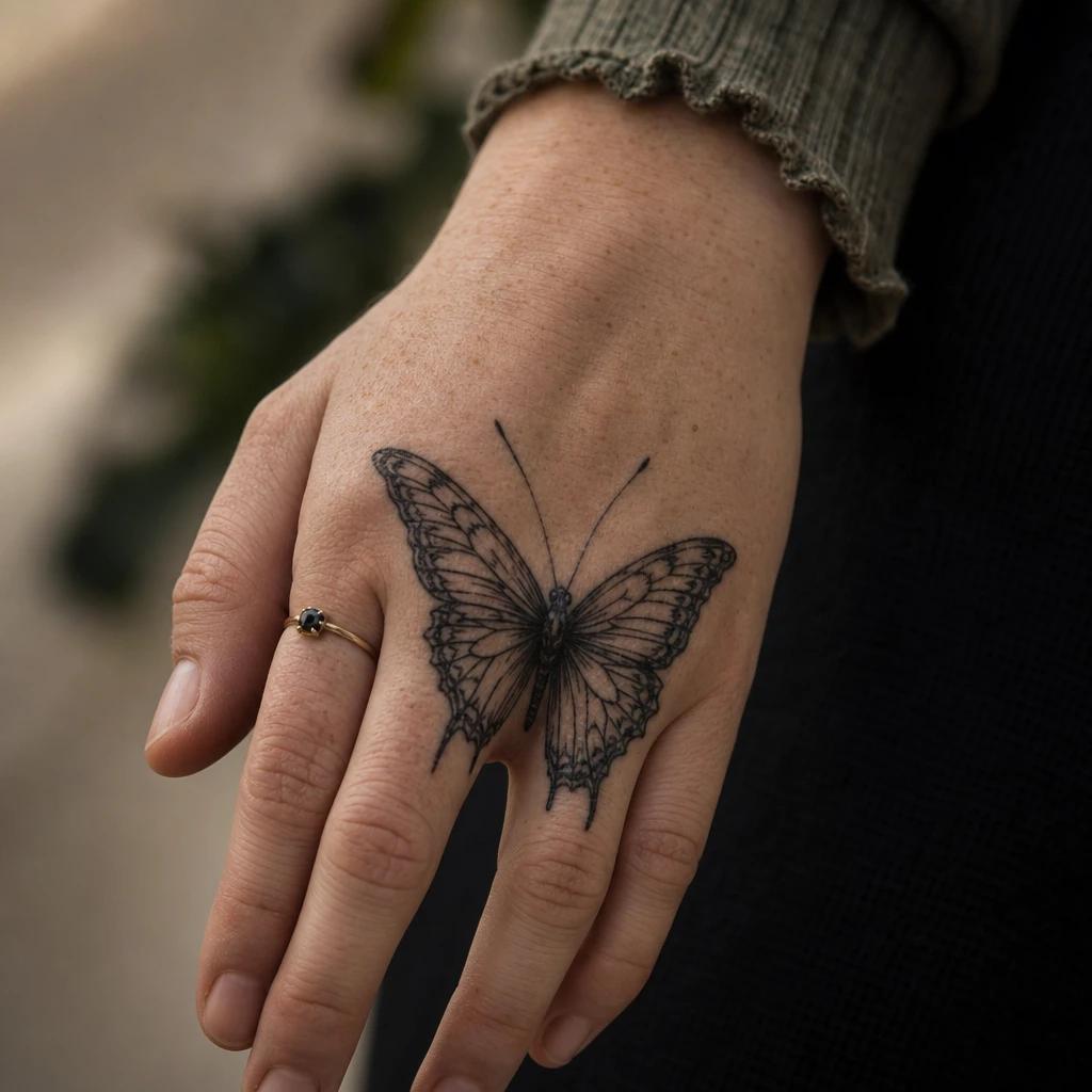 idée tatouage main femme papillon dos de main, photo réaliste sur peau