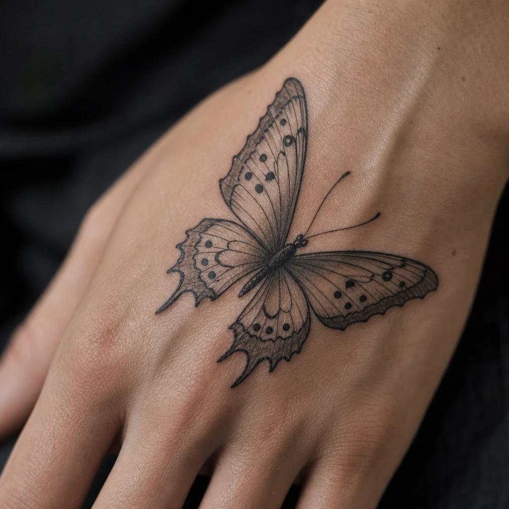idée tatouage main femme papillon dos de main, photo réaliste sur peau