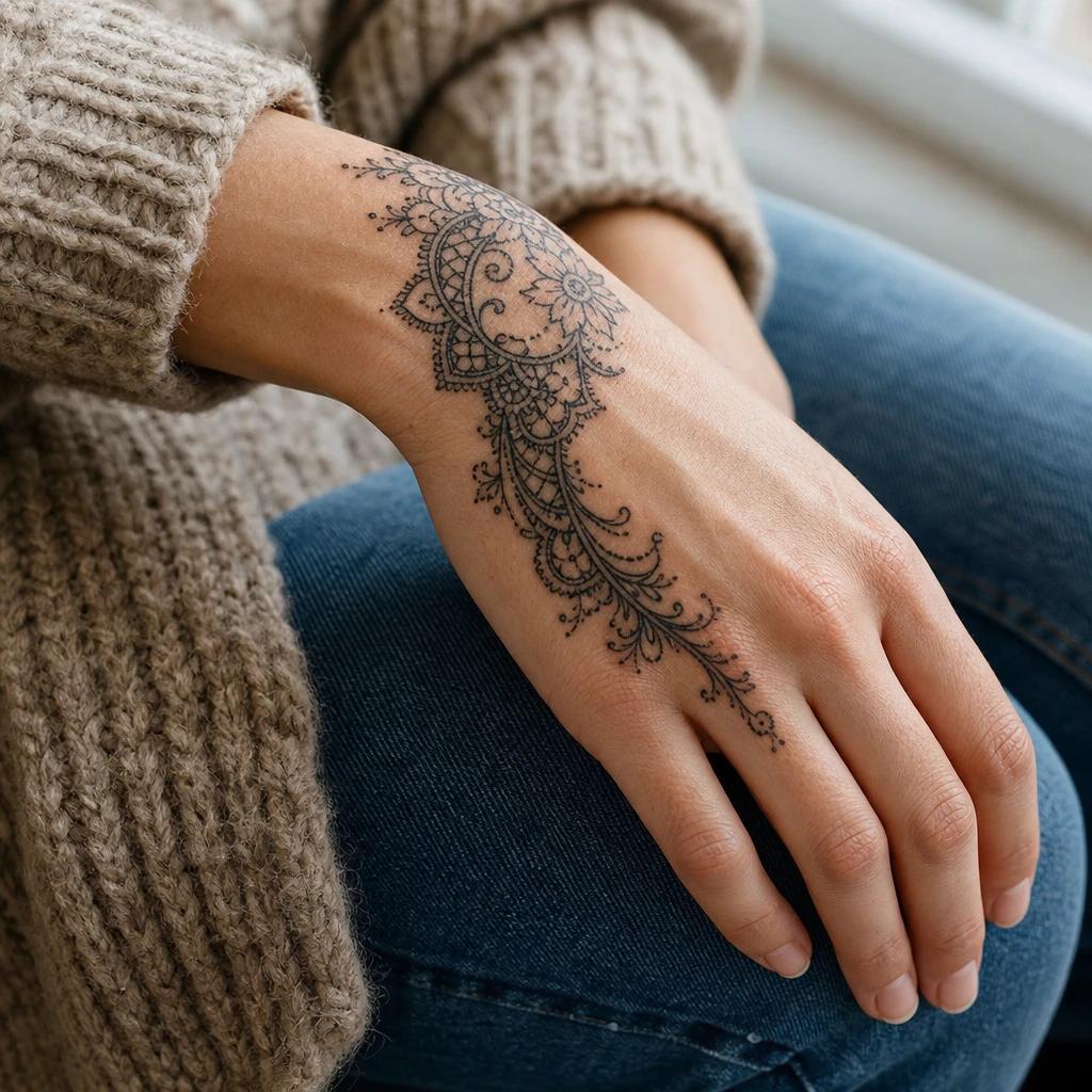 idée tatouage main femme ornemental dentelle, photo réaliste sur peau