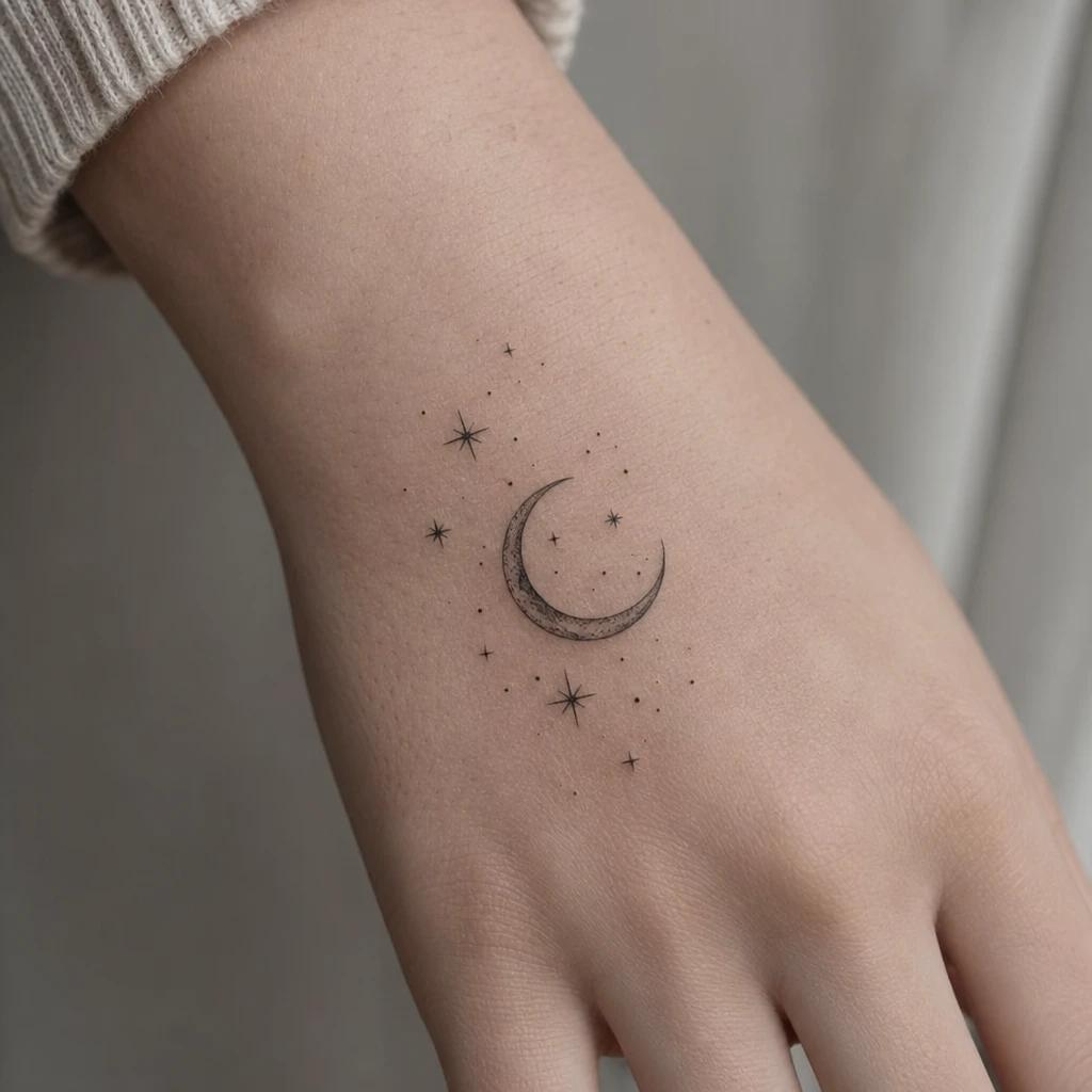idée tatouage main femme lune et étoiles, photo réaliste sur peau