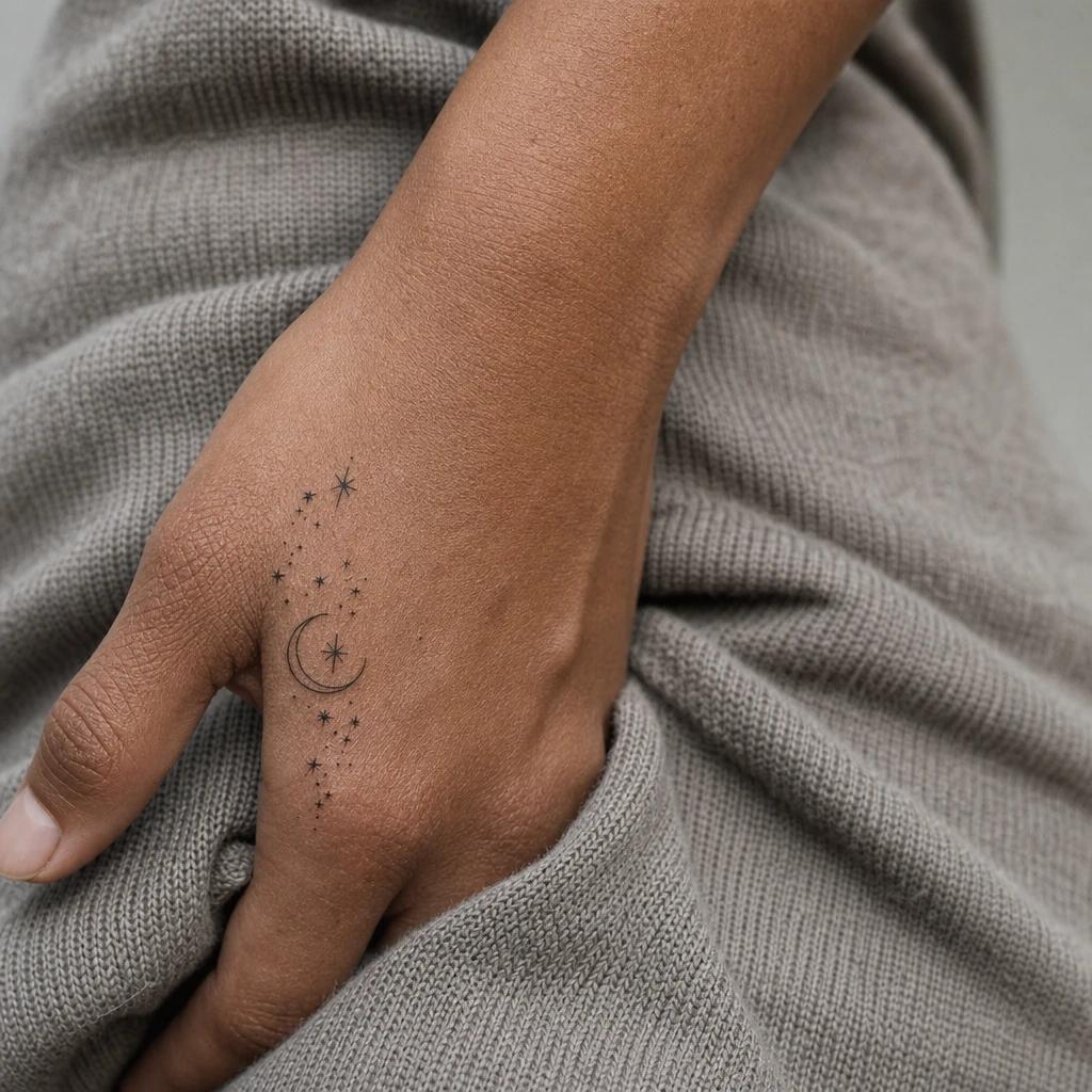 idée tatouage main femme lune et étoiles, photo réaliste sur peau