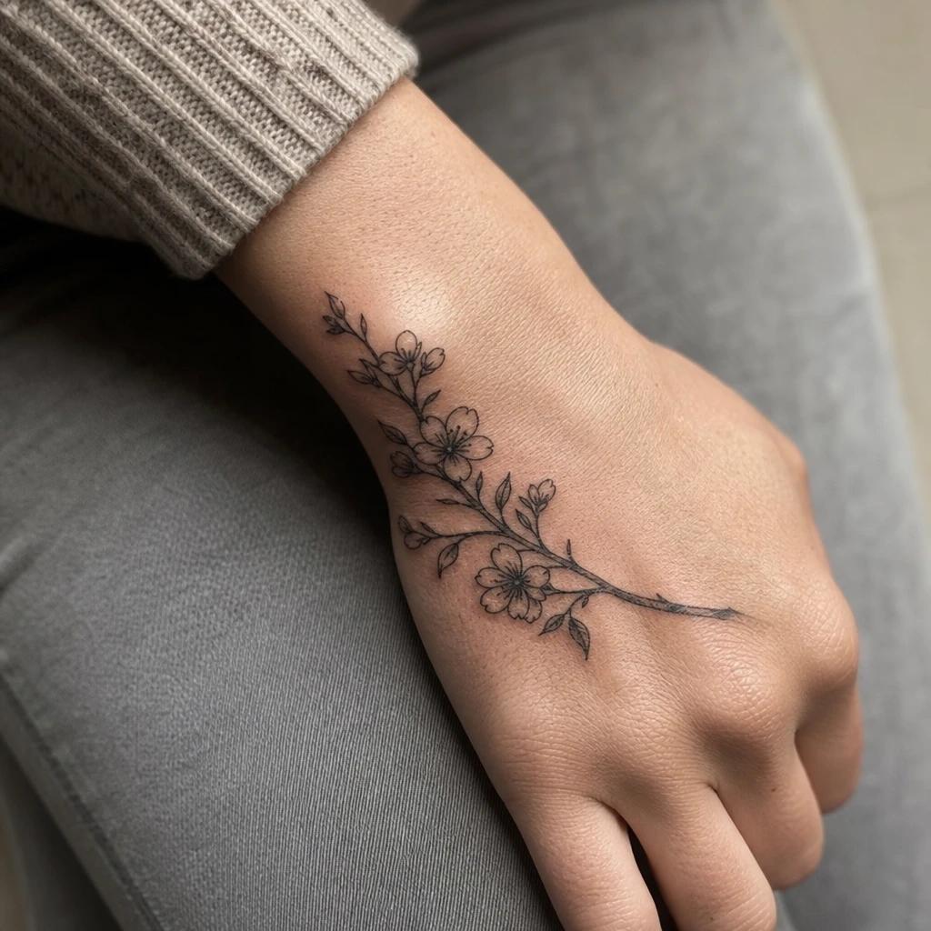idée tatouage main femme branche fleurie, photo réaliste sur peau
