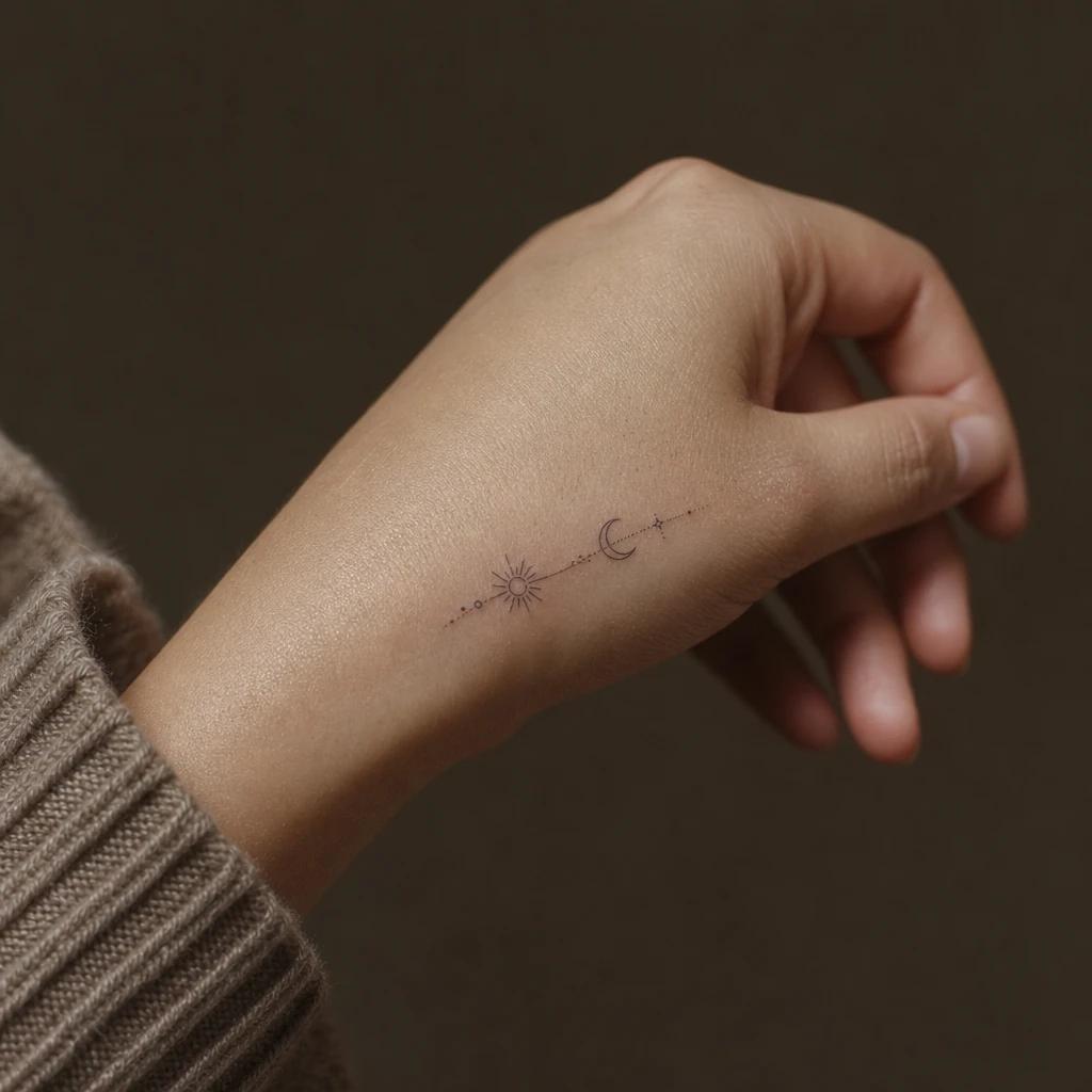 idée tatouage main femme symboles minimalistes, photo réaliste sur peau