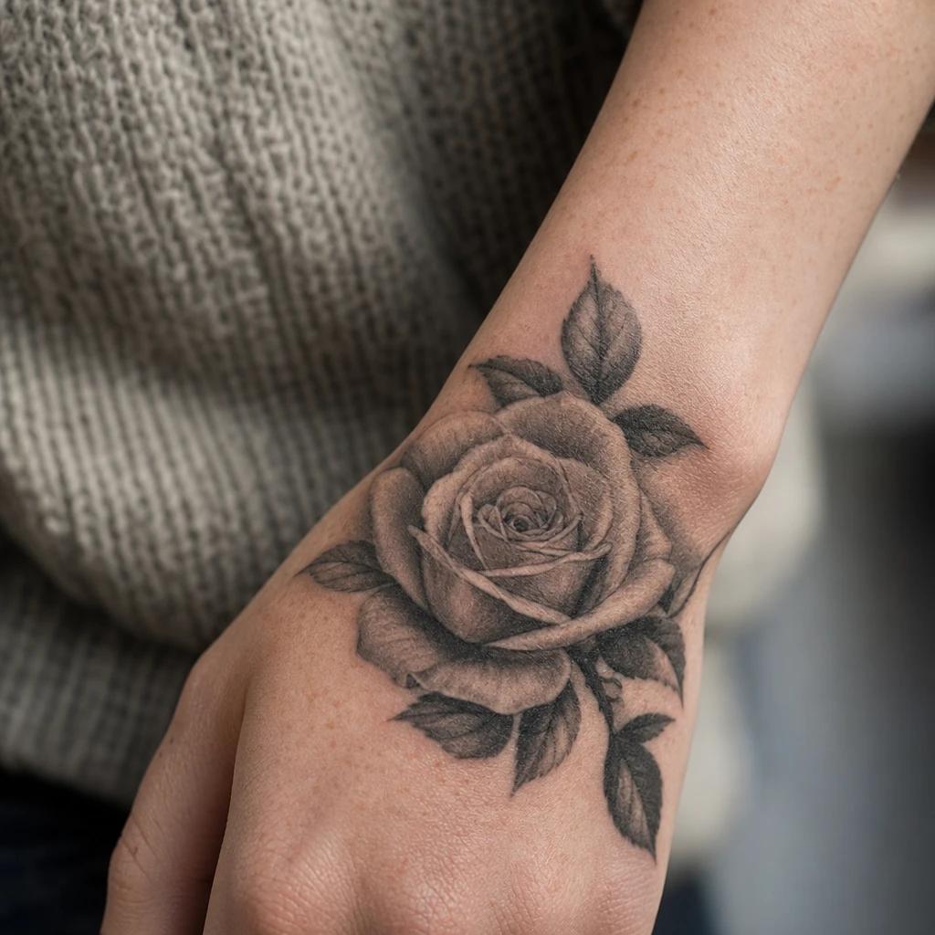 idée tatouage main femme rose réaliste, photo réaliste sur peau