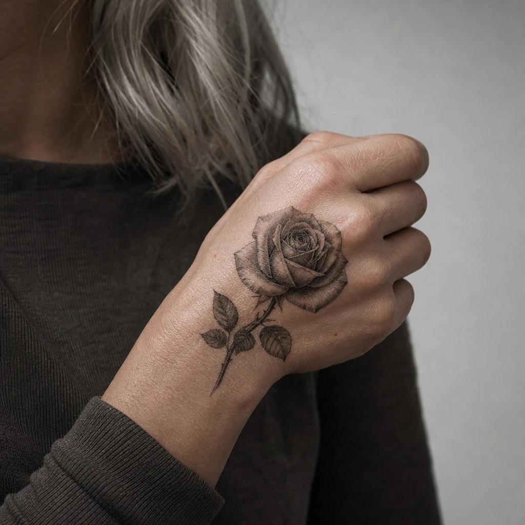 idée tatouage main femme rose réaliste, photo réaliste sur peau