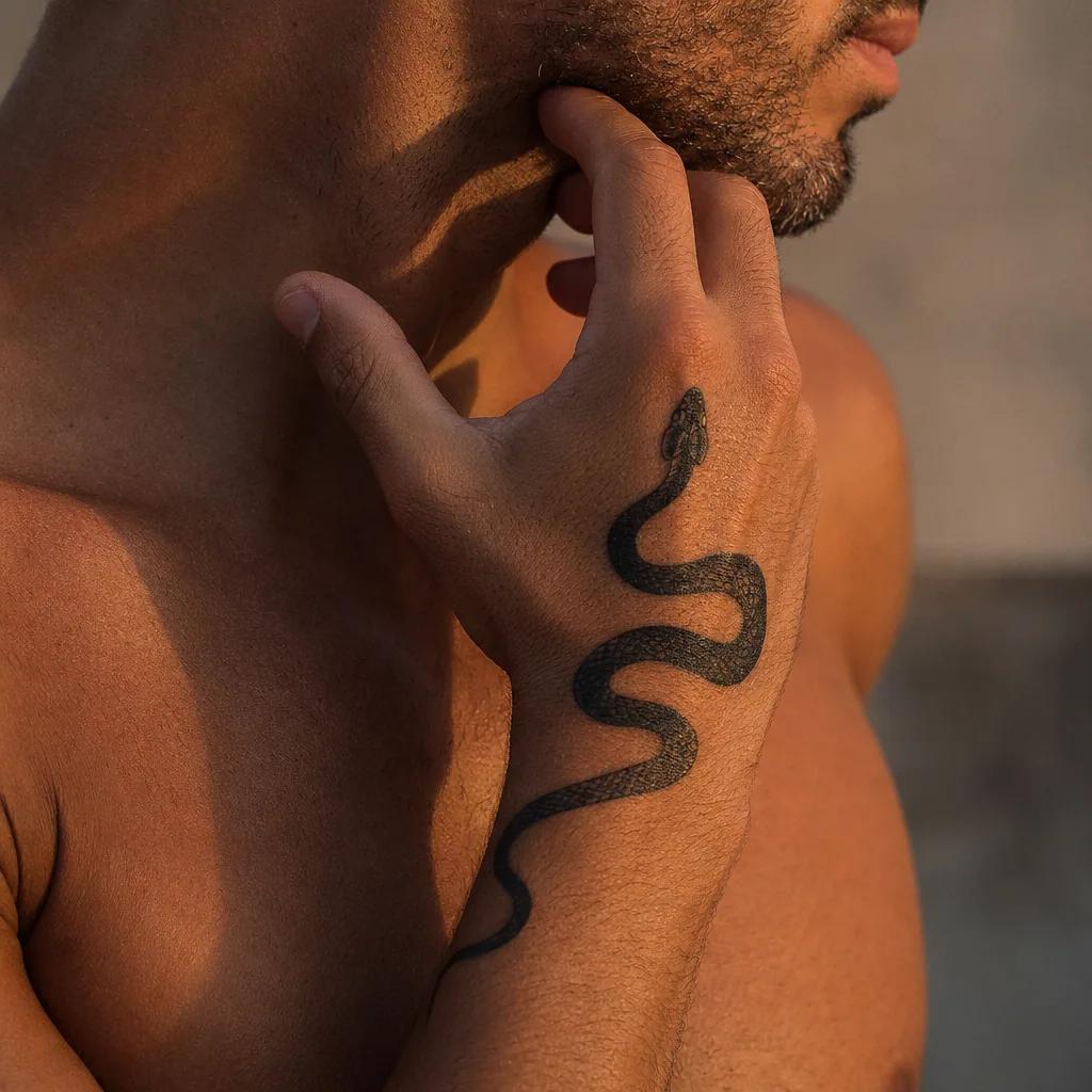 idée tatouage main homme serpent blackwork, photo réaliste sur peau