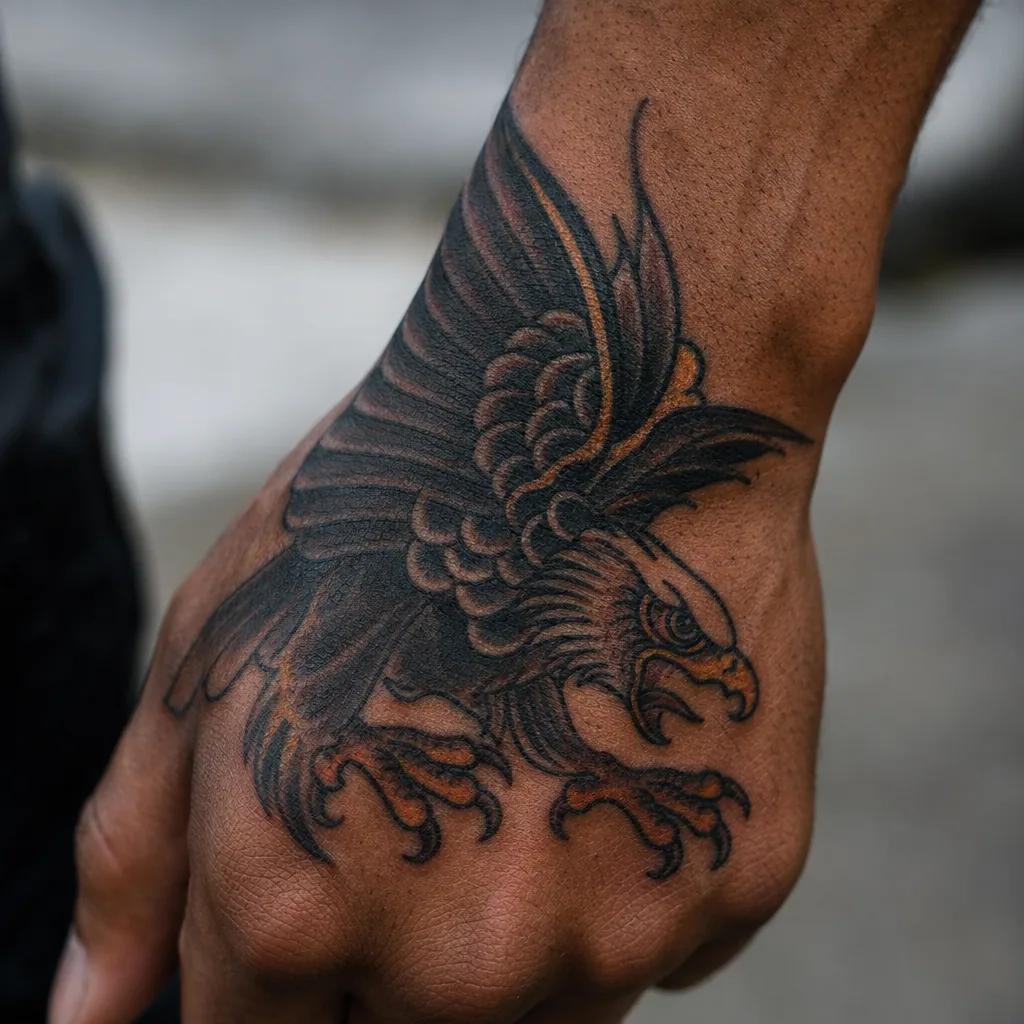 idée tatouage main homme aigle néo-traditionnel, photo réaliste sur peau