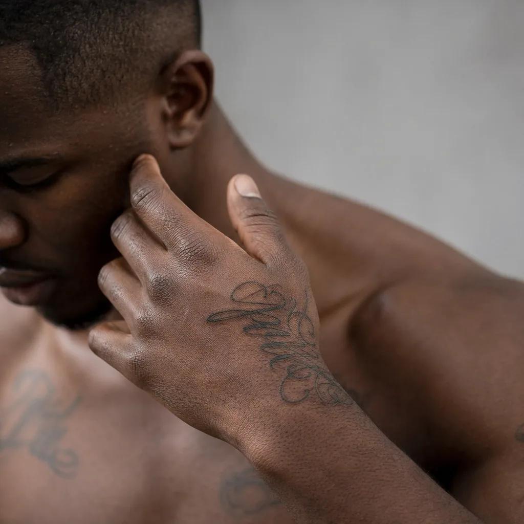 idée tatouage main homme lettrage libre, photo réaliste sur peau