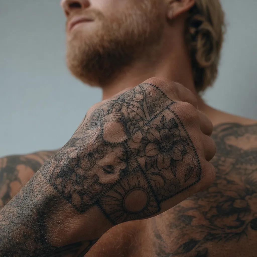 idée tatouage main homme patchwork main homme, photo réaliste sur peau