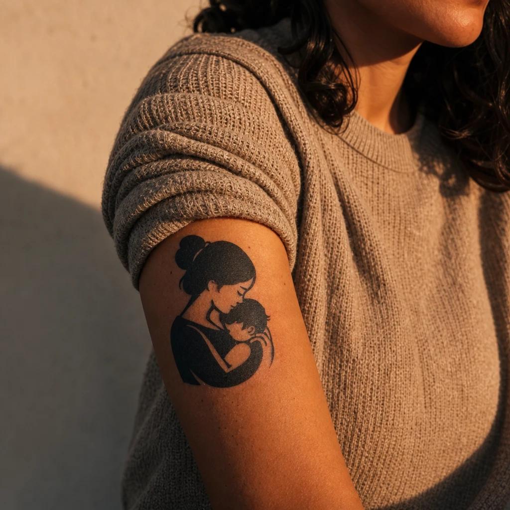 idée tatouage maman mère et enfant blackwork, photo réaliste sur peau