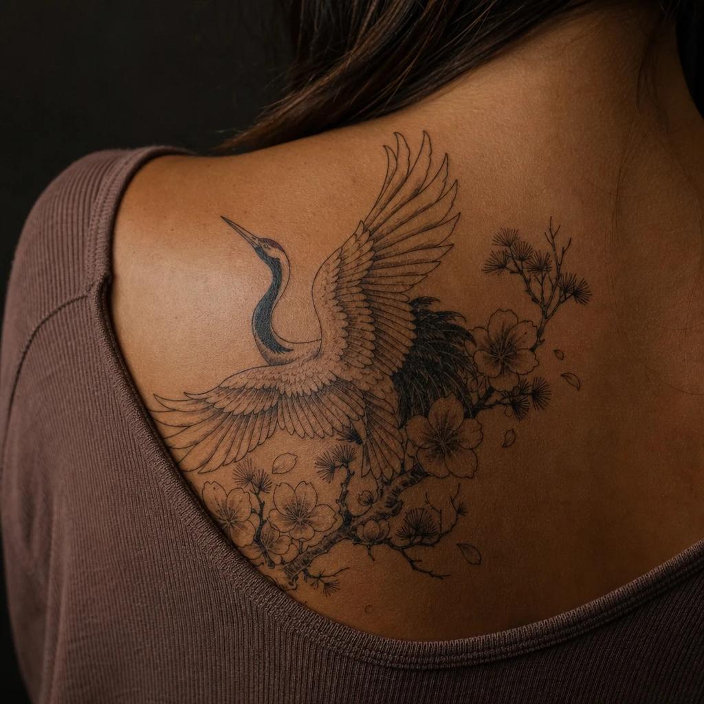 idée tatouage maman grue japonaise protectrice, photo réaliste sur peau