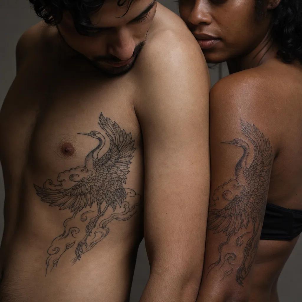 idée tatouage mariage grues noces japonaises, photo réaliste sur peau