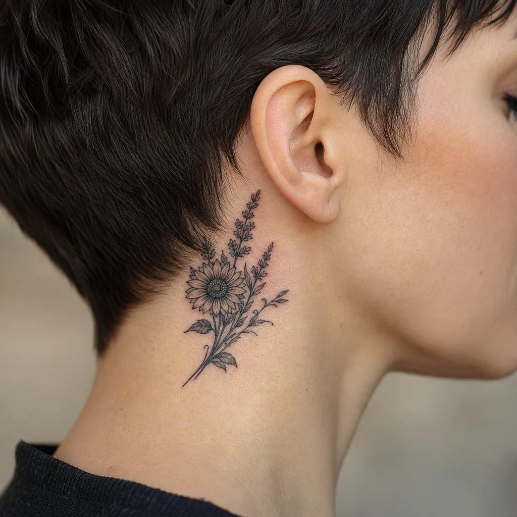 idée tatouage meilleure amie tournesol et lavande floral, photo réaliste sur peau