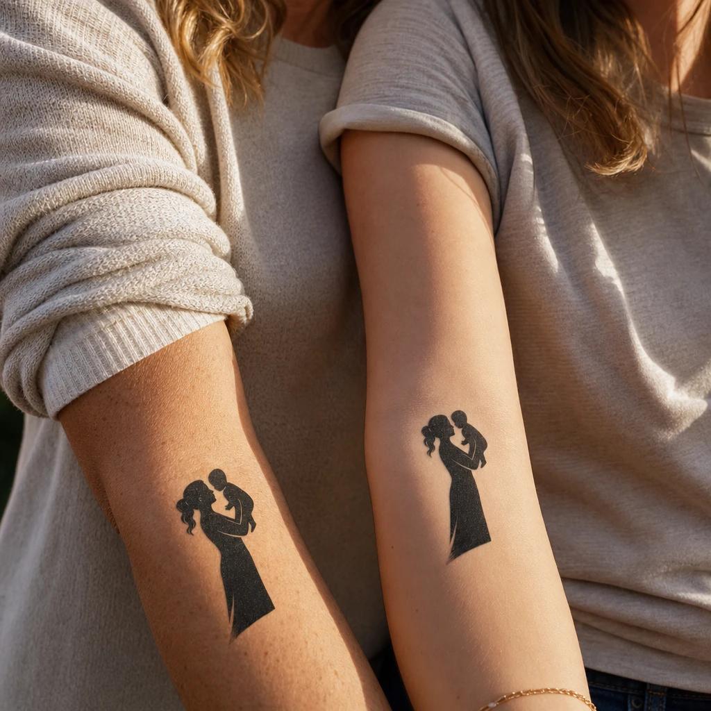 idée tatouage mère et fille mère enfant blackwork, photo réaliste sur peau