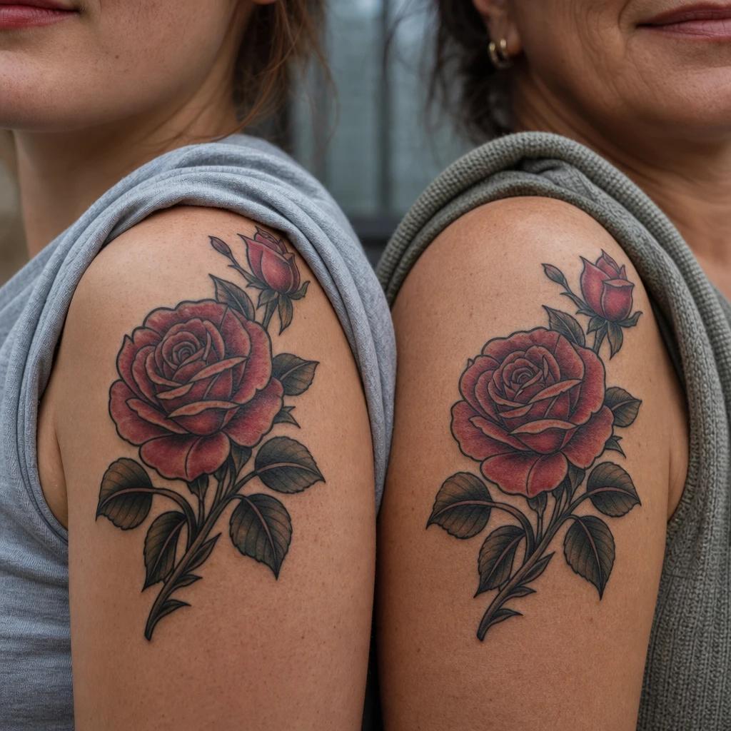 idée tatouage mère et fille roses néo-traditionnelles, photo réaliste sur peau