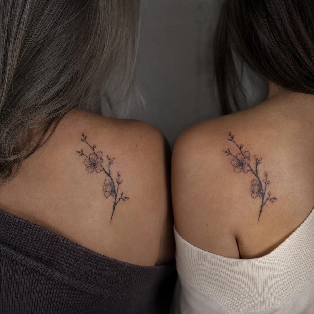 idée tatouage mère et fille fleurs de cerisier mère fille, photo réaliste sur peau