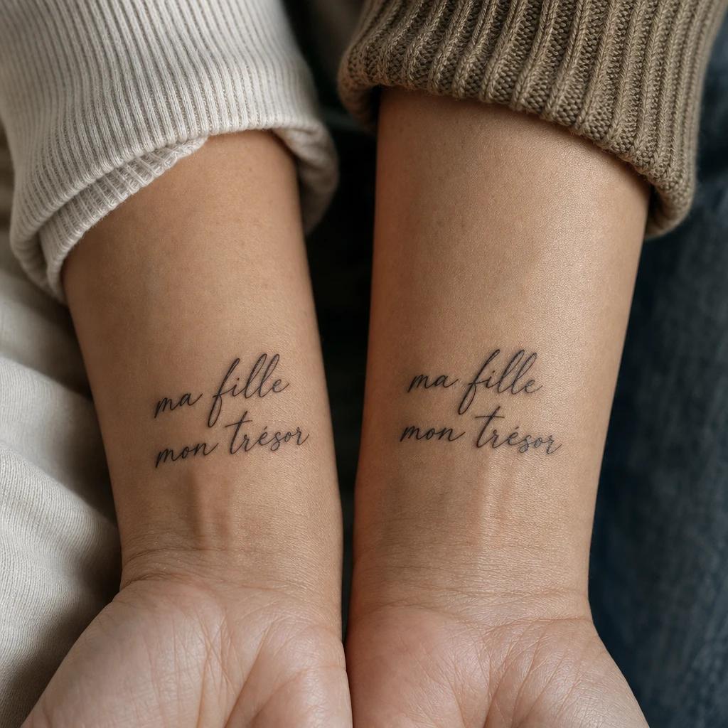 idée tatouage mère et fille lettrage ma fille mon trésor, photo réaliste sur peau