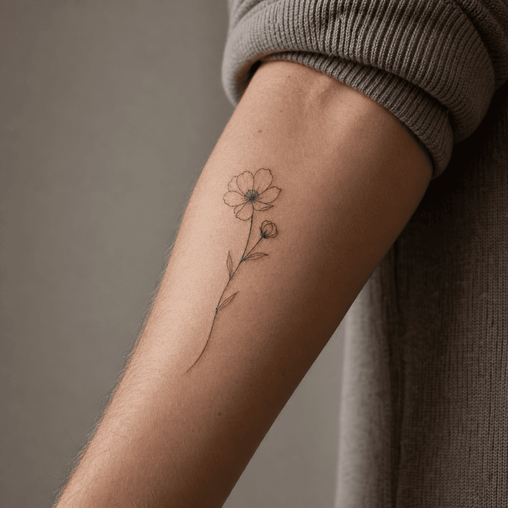 idée tatouage minimaliste minimaliste fleur fine line, photo réaliste sur peau