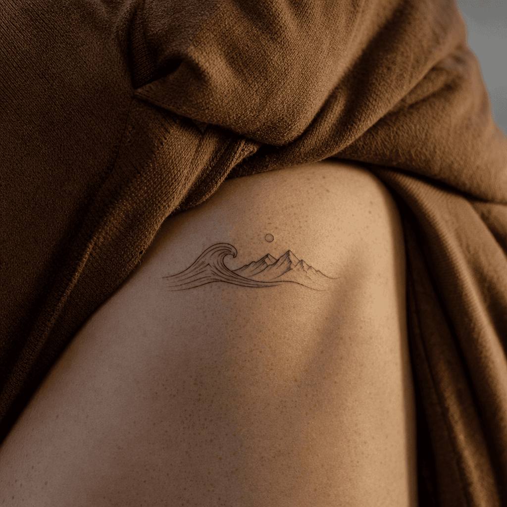 idée tatouage minimaliste minimaliste vague et montagne, photo réaliste sur peau