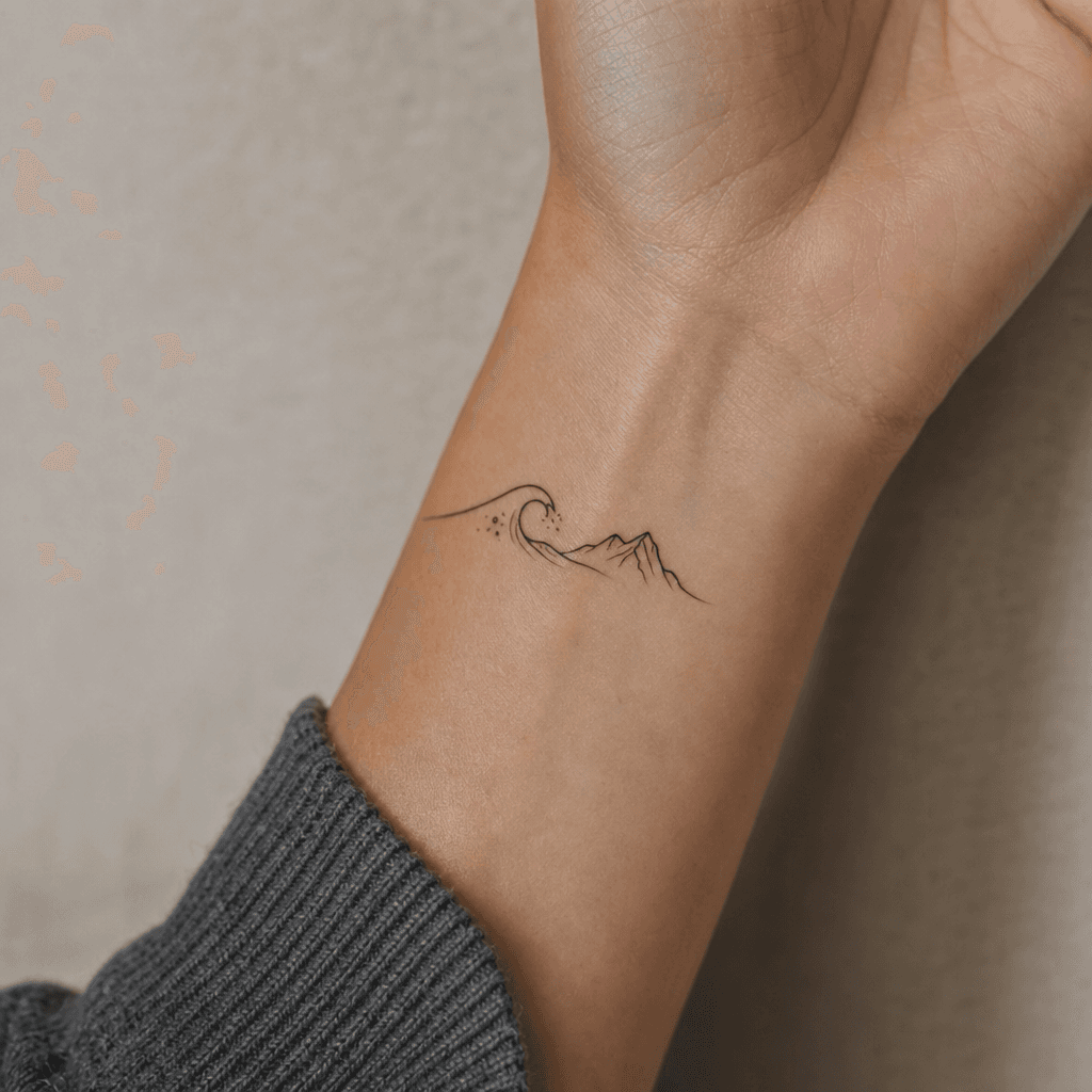 idée tatouage minimaliste minimaliste vague et montagne, photo réaliste sur peau