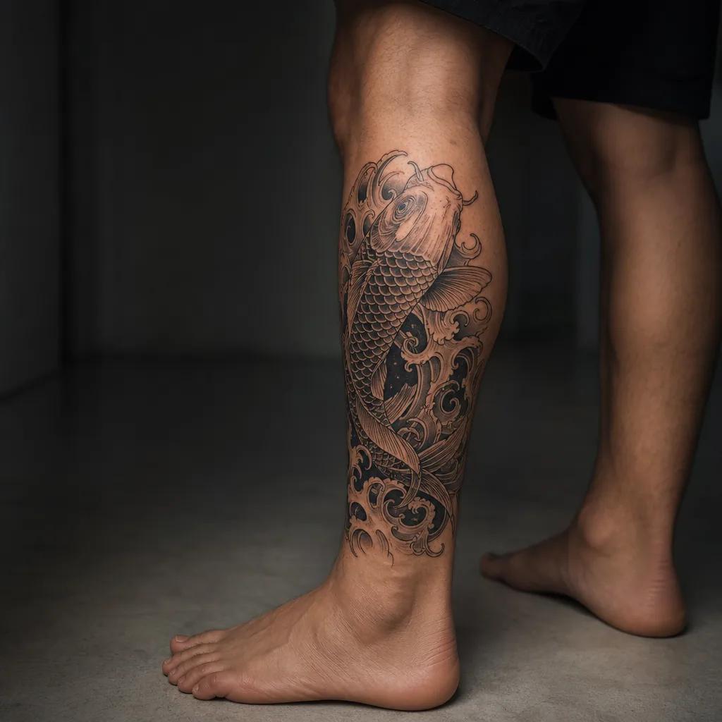 idée tatouage mollet carpe koï japonaise, photo réaliste sur peau