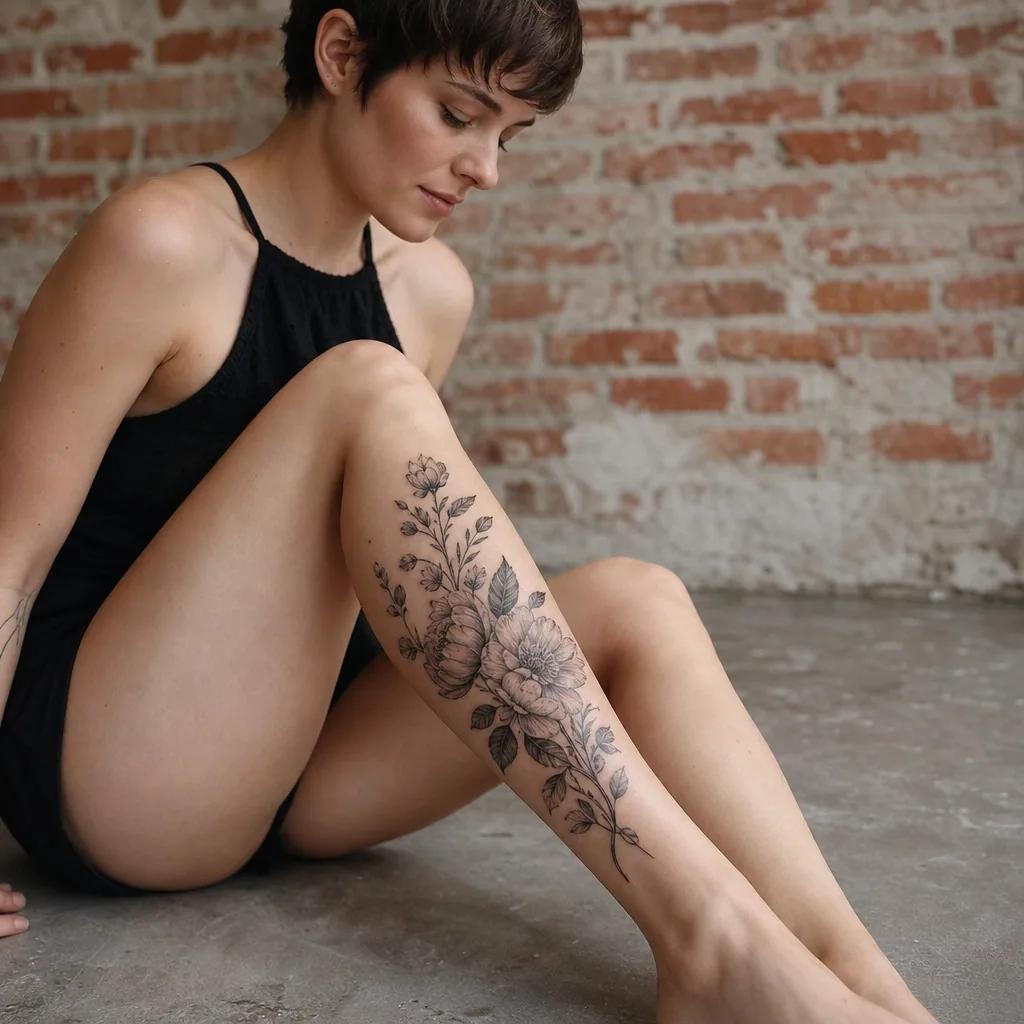 idée tatouage mollet composition florale réaliste, photo réaliste sur peau