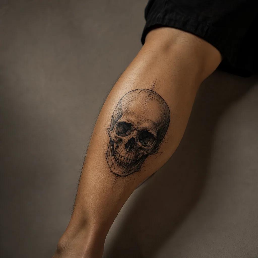 idée tatouage mollet crâne illustratif, photo réaliste sur peau