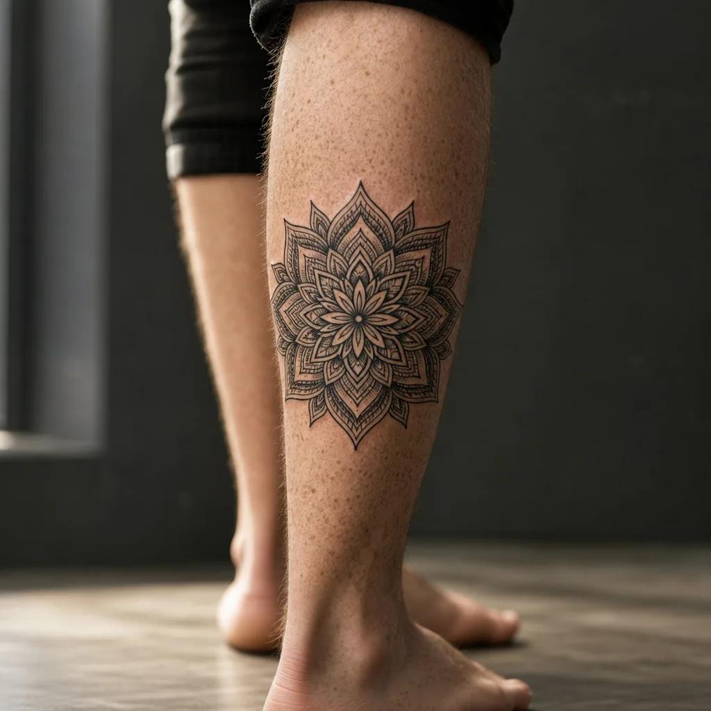 idée tatouage mollet mandala ornemental, photo réaliste sur peau