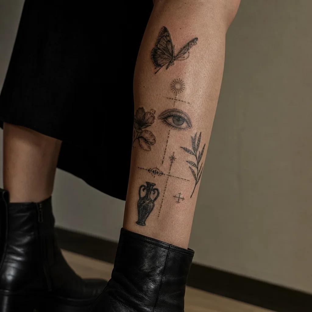 idée tatouage mollet patchwork flash, photo réaliste sur peau