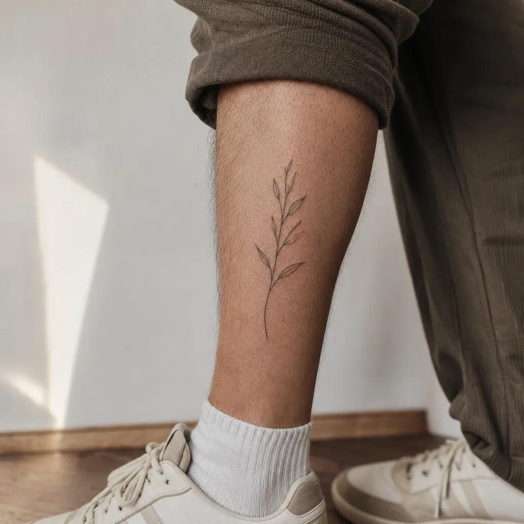 idée tatouage mollet branche fine line, photo réaliste sur peau