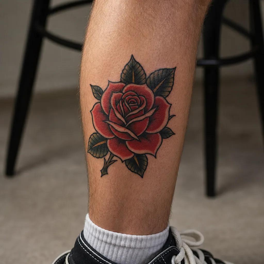 idée tatouage mollet rose old school, photo réaliste sur peau