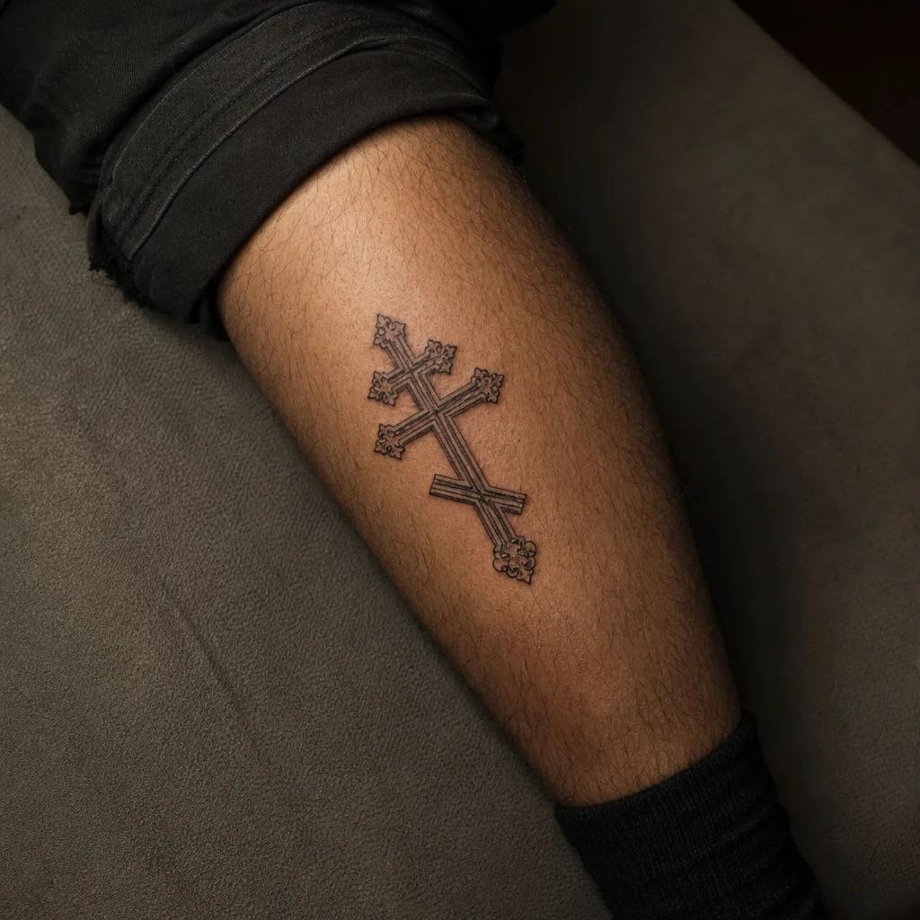 idée tatouage mollet croix orthodoxe, photo réaliste sur peau