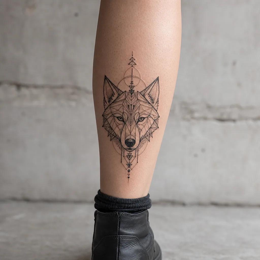 idée tatouage mollet loup géométrique, photo réaliste sur peau