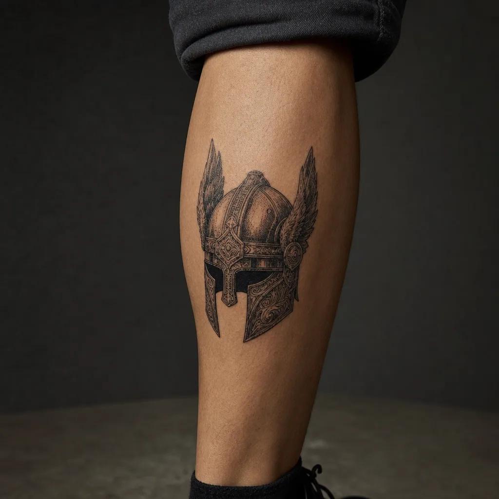 idée tatouage mollet casque viking, photo réaliste sur peau