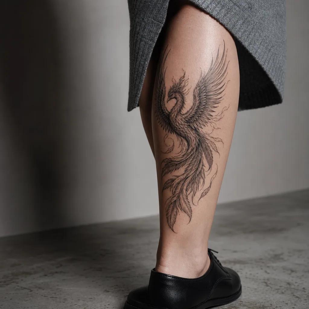 idée tatouage mollet phénix illustratif premium, photo réaliste sur peau