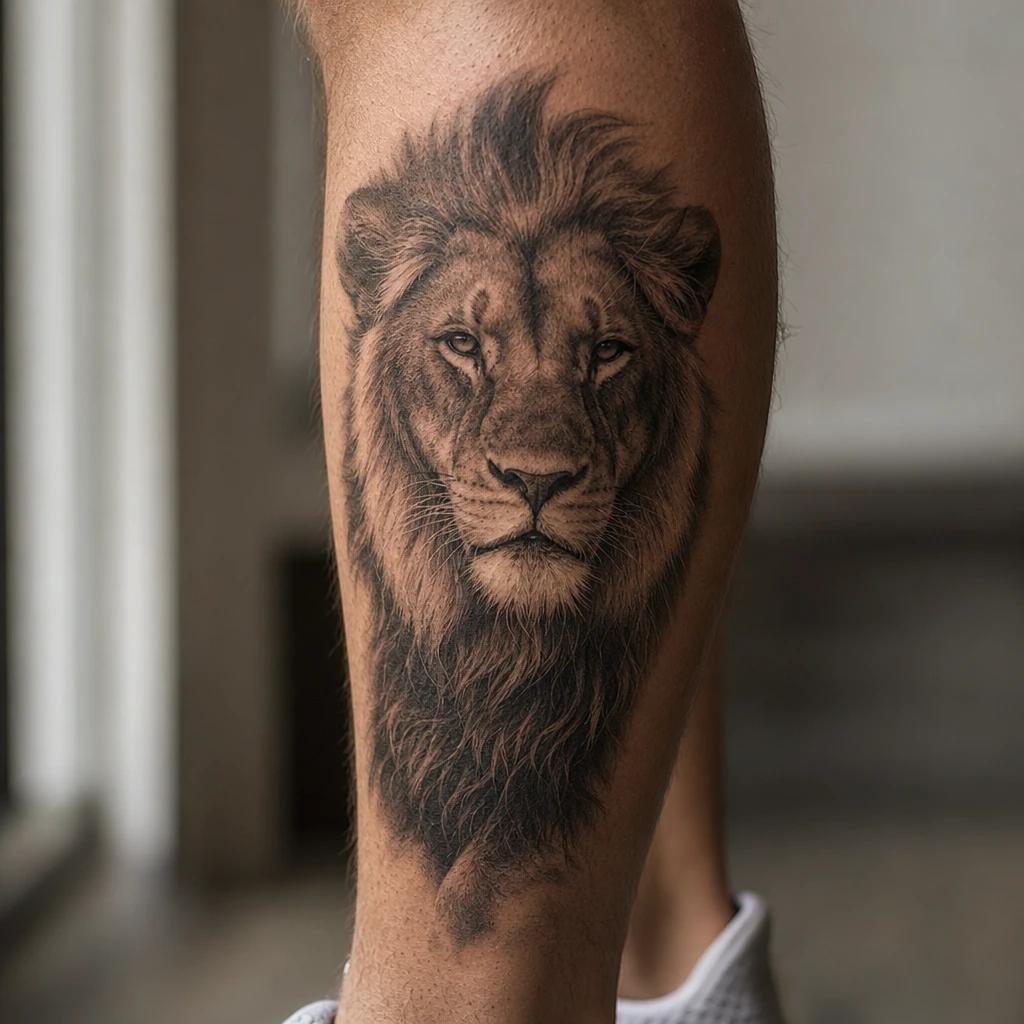 idée tatouage mollet homme lion réaliste mollet, photo réaliste sur peau