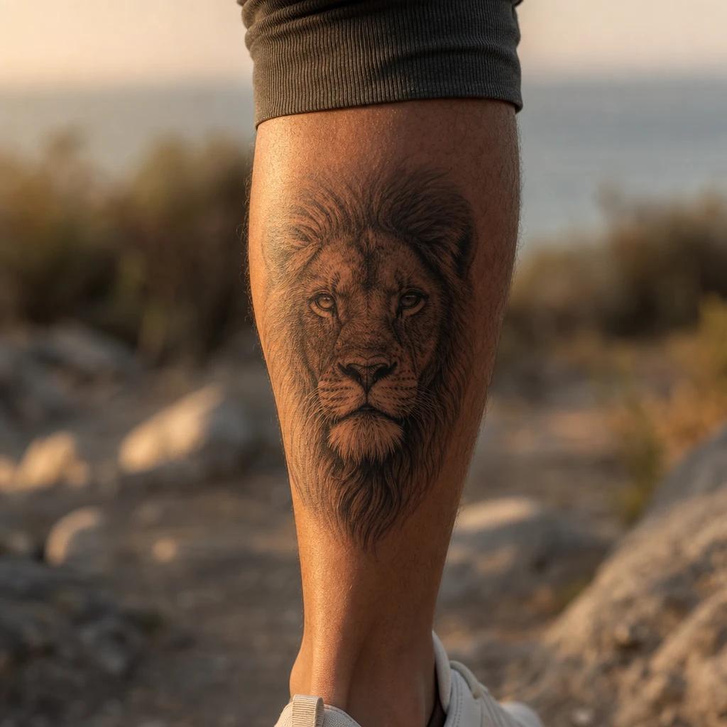 idée tatouage mollet homme lion réaliste mollet, photo réaliste sur peau
