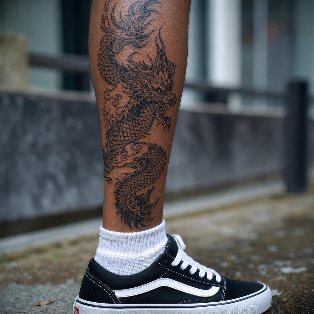 idée tatouage mollet homme dragon japonais, photo réaliste sur peau