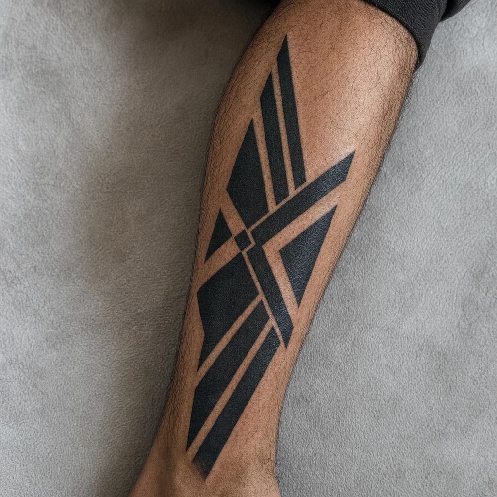 idée tatouage mollet homme blackwork géométrique, photo réaliste sur peau