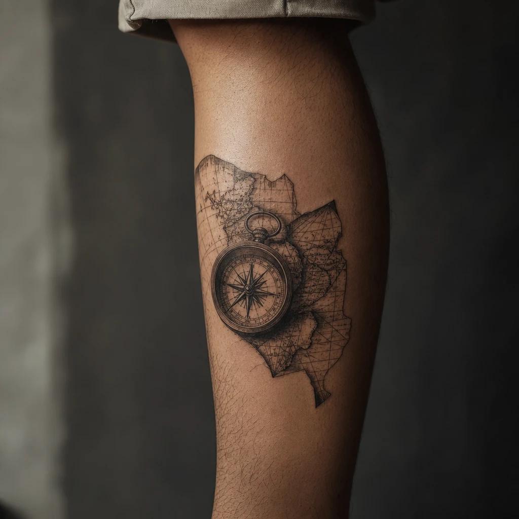 idée tatouage mollet homme boussole et carte, photo réaliste sur peau