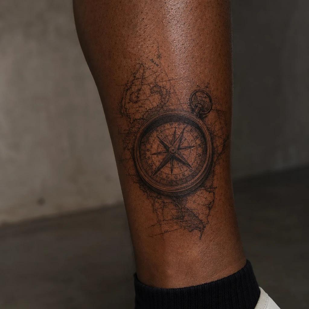 idée tatouage mollet homme boussole et carte, photo réaliste sur peau